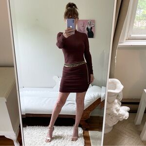 LONG SLEEVE CHOCOLATE BROWN RIBBED KNOT DRESS SIDE RUCHING